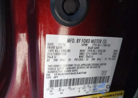 2017 Ford Expedition King Ranch из США, поврежденный, VIN 1FMJU1HT6HEA43748